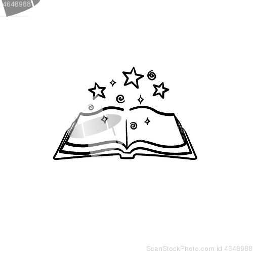 Image of Open magic book with stars hand drawn sketch icon.