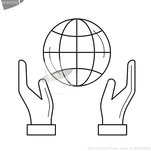 Image of Hands support earth globe vector line icon.