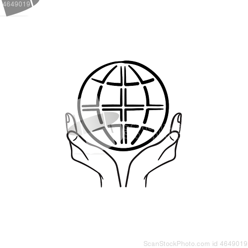 Image of Hands support earth globe hand drawn sketch icon.