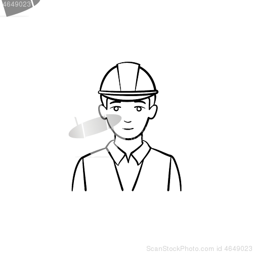 Image of Engineer in hard hat hand drawn sketch icon.