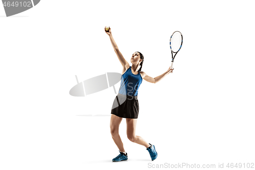 Image of Full length portrait of young woman playing tennis isolated on white background