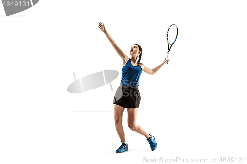 Image of Full length portrait of young woman playing tennis isolated on white background