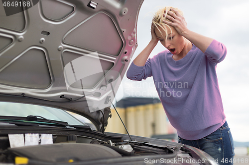 Image of Stressed Young Woman with Engine Breakdown Car Defect