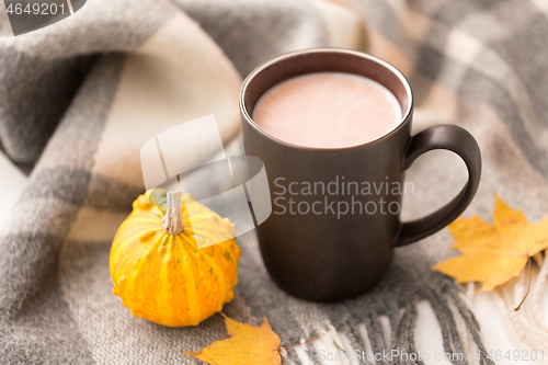 Image of hot chocolate, autumn leaves and warm blanket