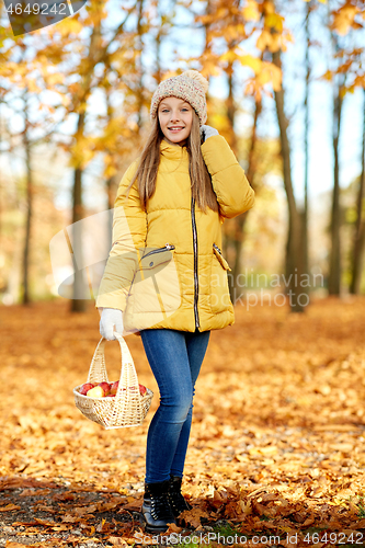 Image of girl with apples in wicker basket at autumn park