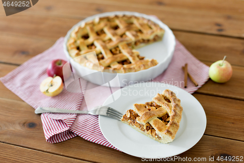 Image of close up of apple pie and fork on plate