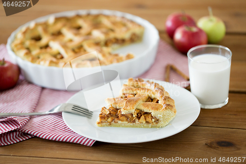 Image of close up of apple pie and fork on plate