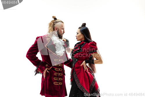 Image of The young man wearing a traditional medieval costume of marquis and woman as marquise