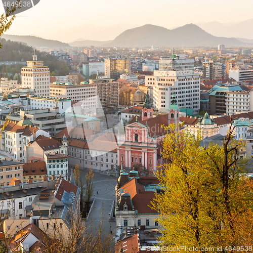 Image of Panoramic view of Ljubljana, capital of Slovenia, at sunset. Empty streets of Slovenian capital during corona virus pandemic social distancing measures in 2020