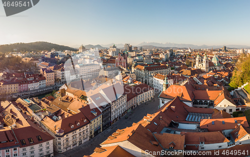 Image of Panoramic view of Ljubljana, capital of Slovenia, at sunset. Empty streets of Slovenian capital during corona virus pandemic social distancing measures in 2020