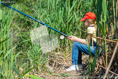 Image of Girl fishing on a fish sitting in a reed-covered place