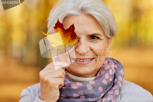 Image of happy senior woman with maple leaf at autumn park