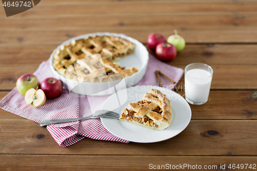 Image of close up of apple pie and fork on plate