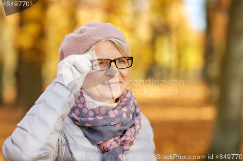 Image of portrait of happy senior woman at autumn park