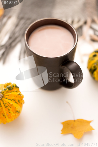 Image of hot chocolate, autumn leaves and warm blanket