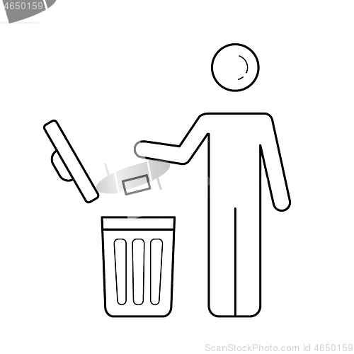 Image of Man throwing garbage in trash bin vector line icon