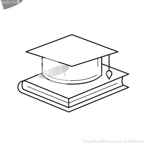 Image of Graduation cap on book vector line icon.