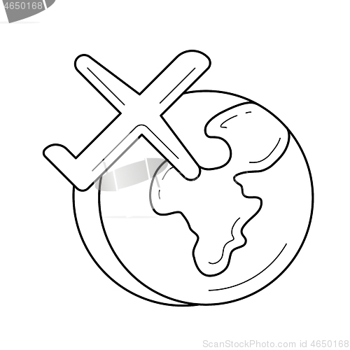 Image of Airplane flying around the world vector line icon.