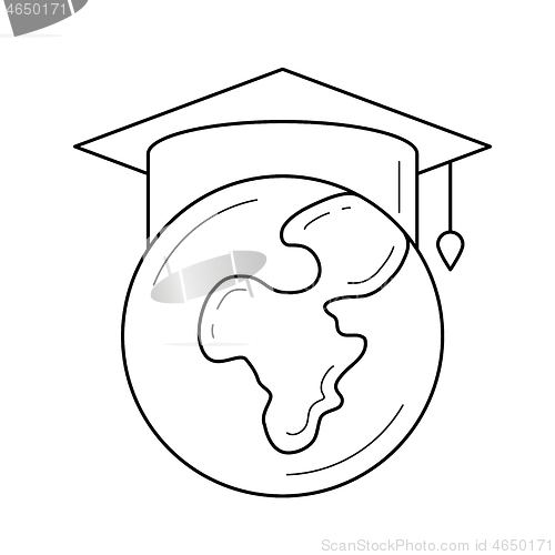 Image of Globe in graduation cap vector line icon.