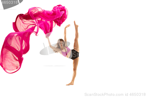 Image of Ballerina. Young graceful female ballet dancer dancing over white studio. Beauty of classic ballet.