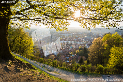 Image of Panoramic view of Ljubljana, capital of Slovenia. Roooftops of Ljubljanas old medieval city center seen from Ljubljanas castle park at sunset