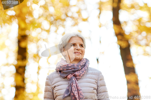 Image of portrait of happy senior woman at autumn park