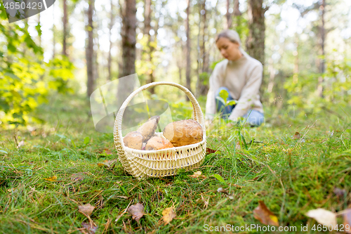 Image of basket of mushrooms and woman in autumn forest