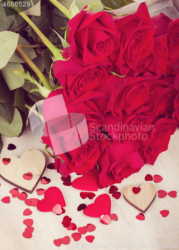 Image of Small Valentine red hearts and fresh roses