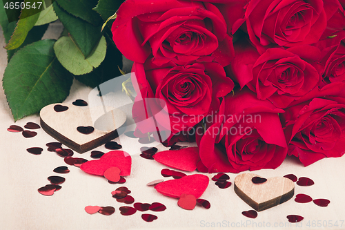 Image of Small Valentine red hearts and fresh roses