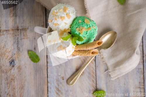 Image of Vanilla and mint ice cream in cup