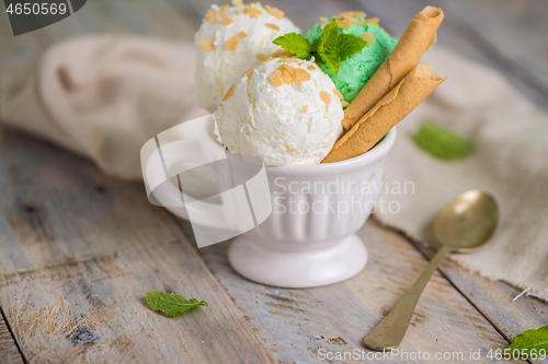 Image of Vanilla and mint ice cream in cup