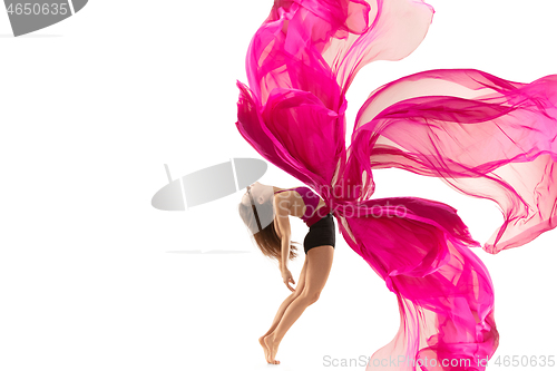 Image of Ballerina. Young graceful female ballet dancer dancing over white studio. Beauty of classic ballet.