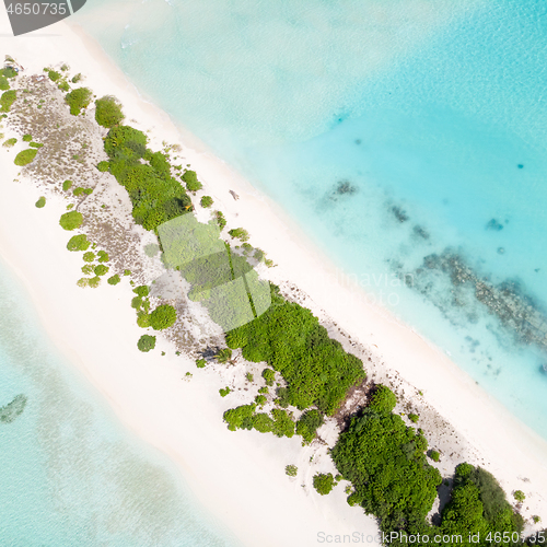 Image of Picture perfect beach and turquoise lagoon on small tropical island on Maldives