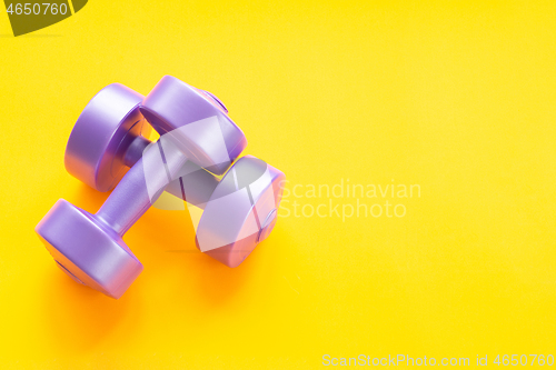 Image of Two purple dumbbells, one lying on the other, on a yellow background