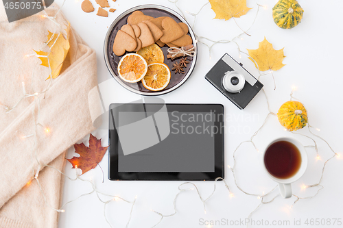 Image of tablet computer, camera, autumn leaves and garland