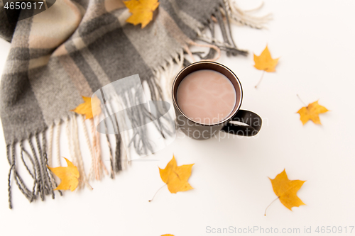 Image of hot chocolate, autumn leaves and warm blanket