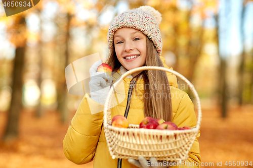 Image of girl with apples in wicker basket at autumn park