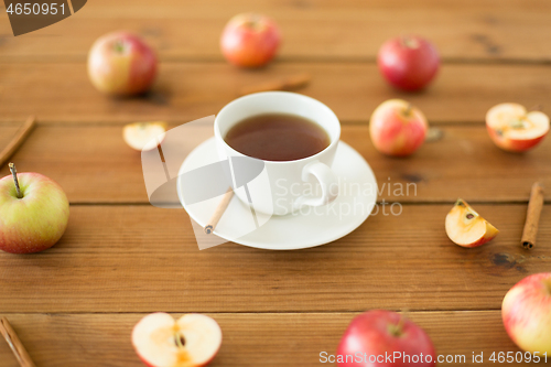 Image of cup of tea with apples and cinnamon on table
