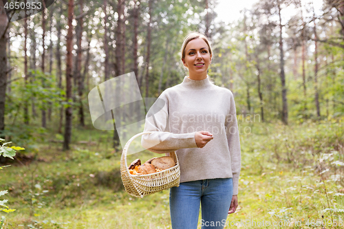 Image of woman with basket picking mushrooms in forest