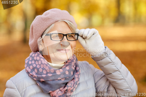 Image of portrait of happy senior woman at autumn park