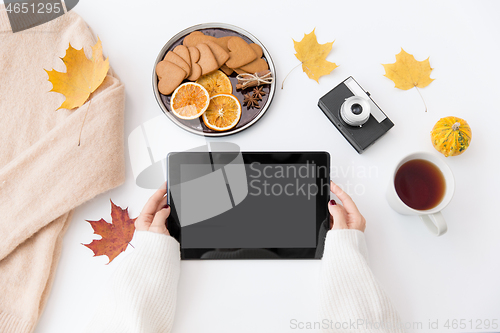 Image of hands with tablet pc, tea and autumn leaves