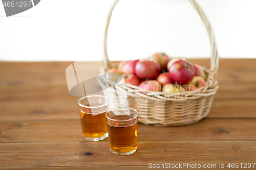 Image of apples in basket and glasses of juice on table