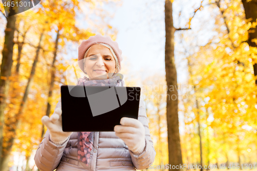 Image of senior woman with tablet pc at summer park