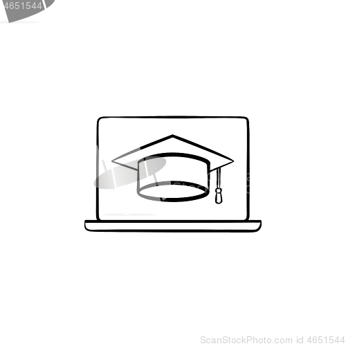 Image of Graduation cap on computer screen hand drawn icon.