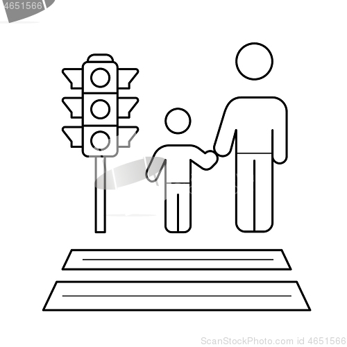 Image of Child and parent crossing a sidewalk line icon.