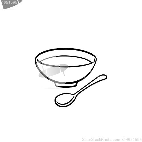 Image of Bowl of soup with spoon hand drawn sketch icon.