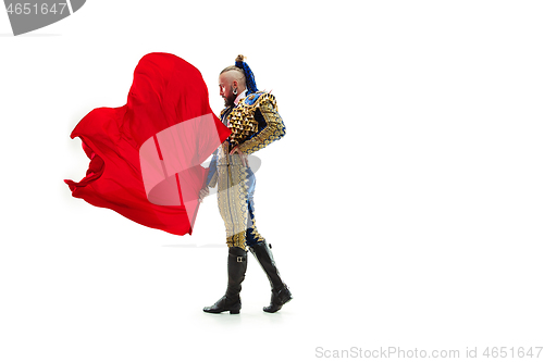 Image of Torero in blue and gold suit or typical spanish bullfighter isolated over white