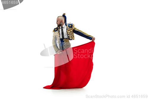 Image of Torero in blue and gold suit or typical spanish bullfighter isolated over white