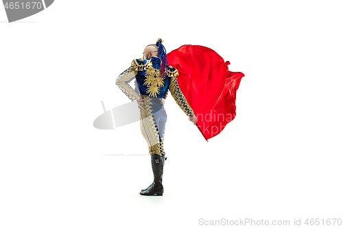 Image of Torero in blue and gold suit or typical spanish bullfighter isolated over white