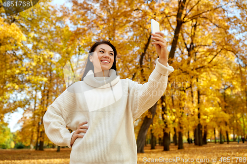 Image of woman taking selfie by smartphone at autumn park